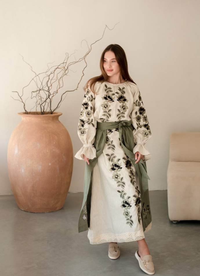 Комплект "Княжа" — вишита лляна сукня + плахта з поясом, арт.4697