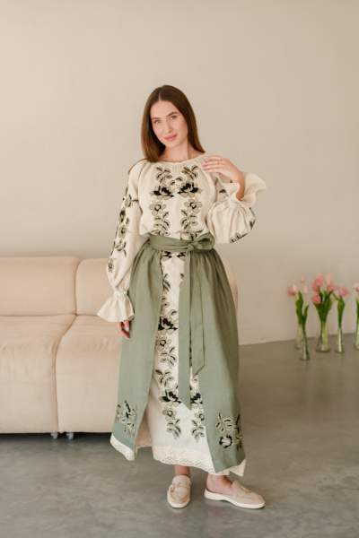 Комплект "Княжа" — вишита лляна сукня + плахта з поясом, арт.4697