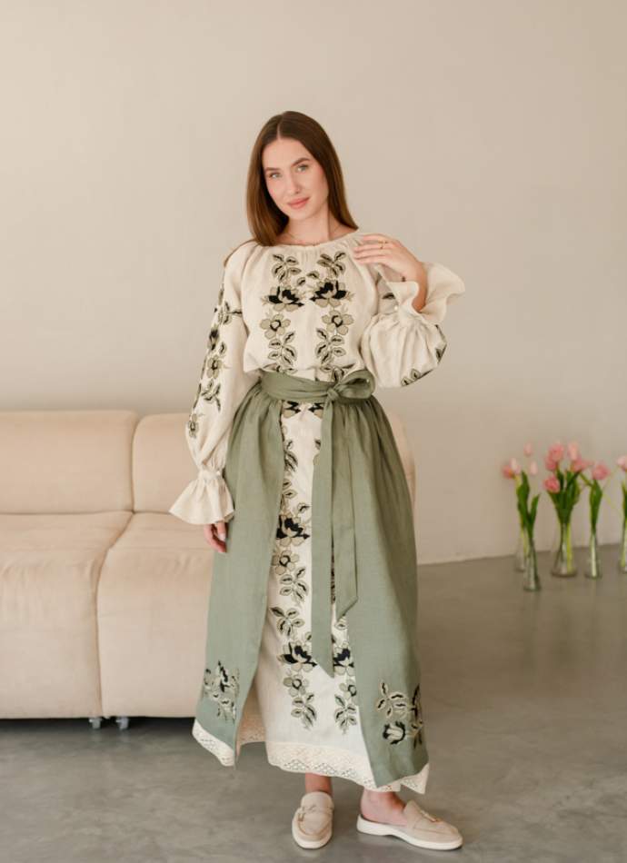 Комплект "Княжа" — вишита лляна сукня + плахта з поясом, арт.4697
