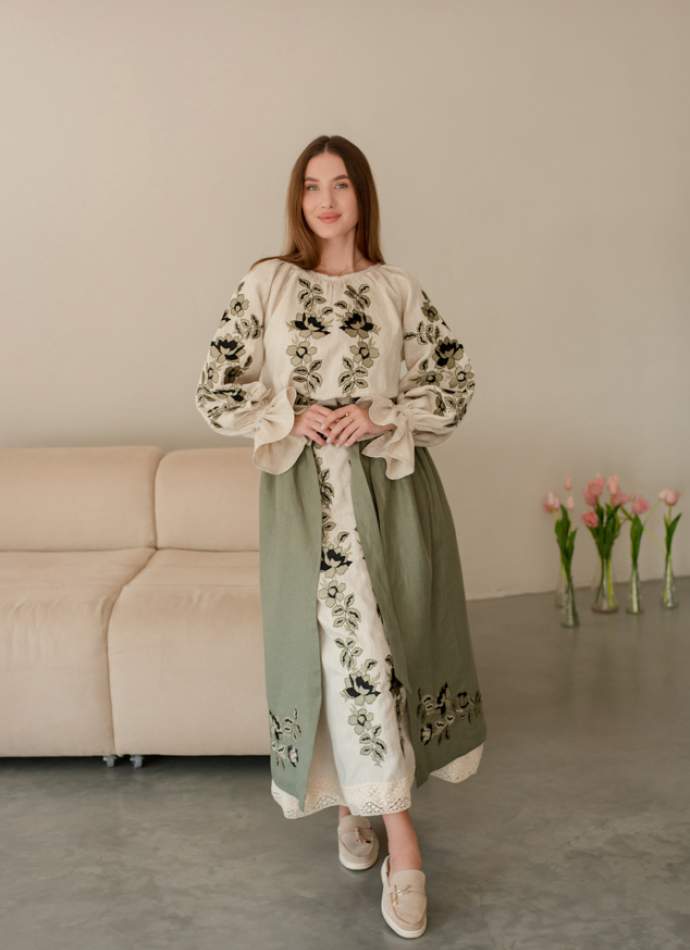 Комплект "Княжа" — вишита лляна сукня + плахта з поясом, арт.4697