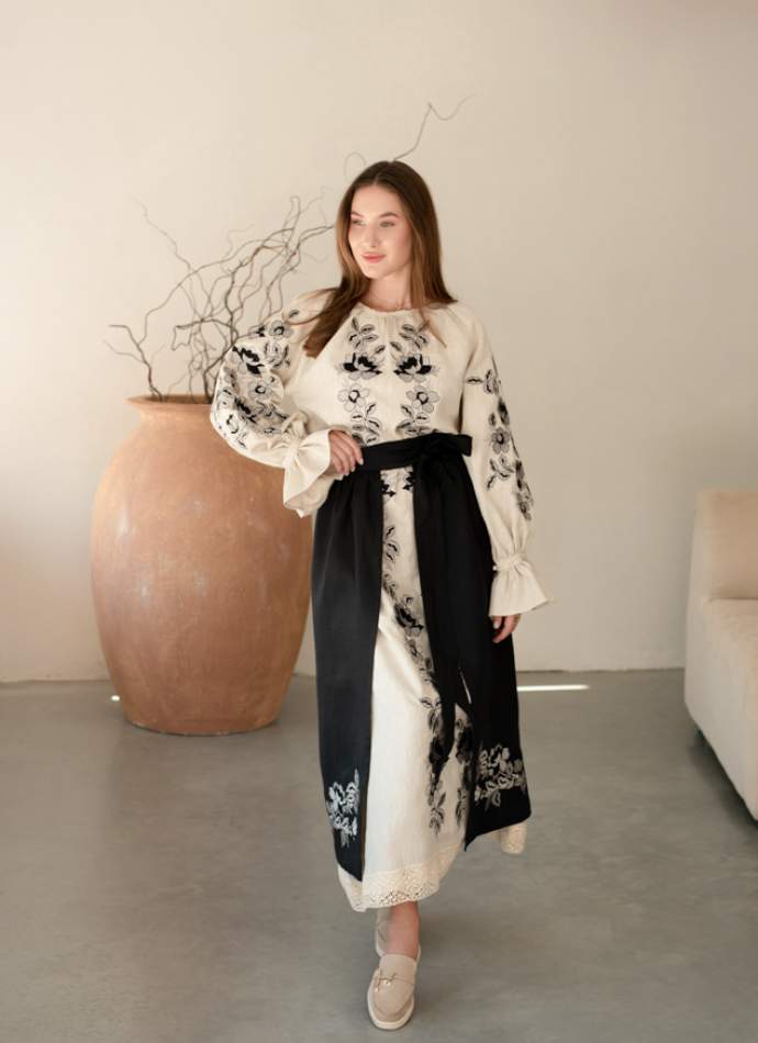 Комплект "Княжа" — вишита лляна сукня + плахта з поясом, арт.4698