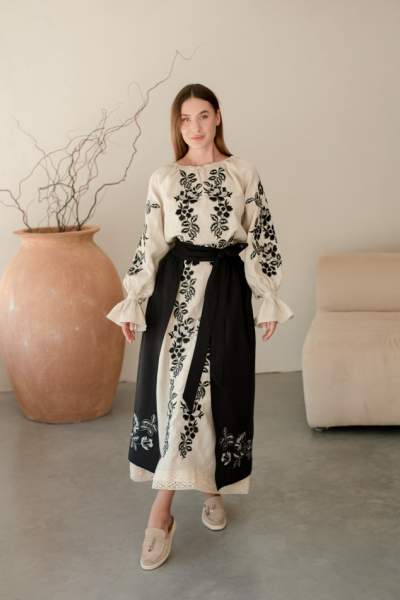 Комплект "Княжа" — вишита лляна сукня + плахта з поясом, арт.4699