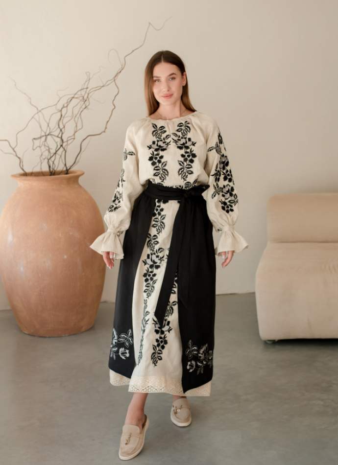 Комплект "Княжа" — вишита лляна сукня + плахта з поясом, арт.4699