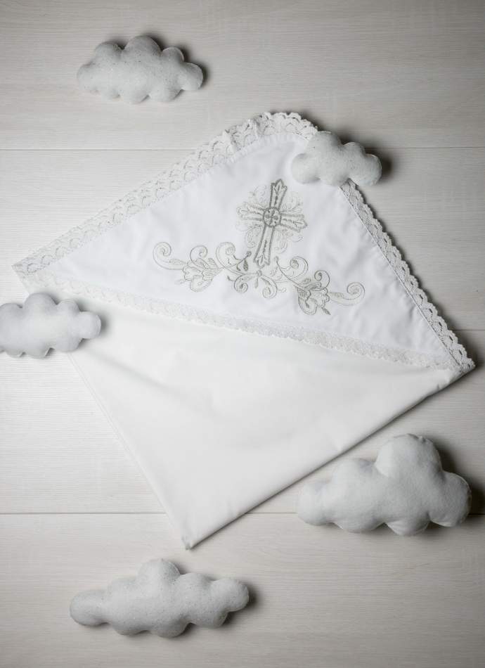 Крижма "Хрест гладь" срібло, з плюшем, бавовняне мереживо, арт.7049