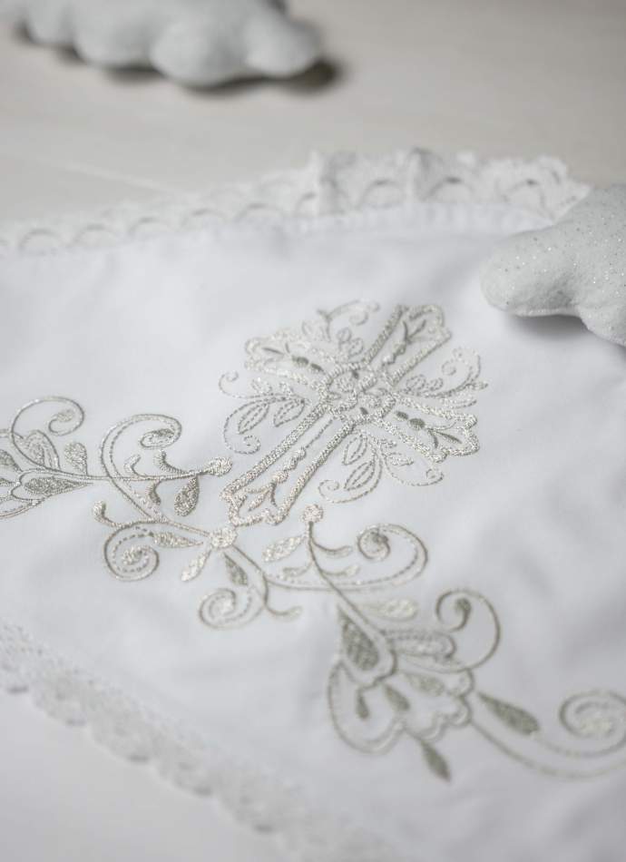 Крижма "Хрест гладь" срібло, з плюшем, бавовняне мереживо, арт.7049