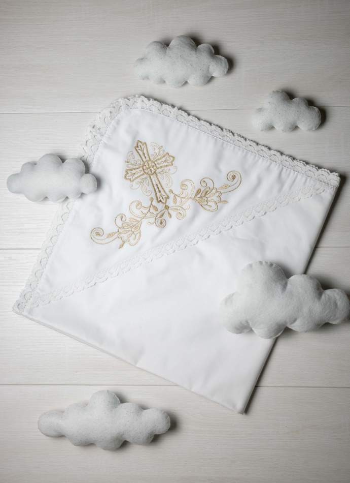 Крижма "Хрест гладь" золото, з плюшем, бавовняне мереживо, арт.7051