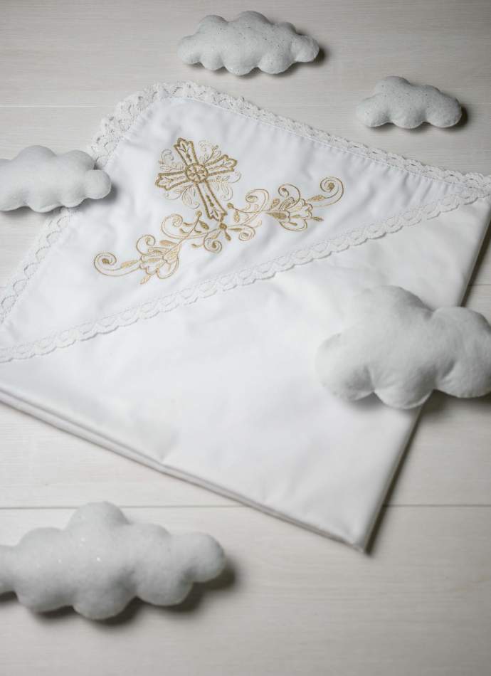 Крижма "Хрест гладь" золото, з плюшем, бавовняне мереживо, арт.7051