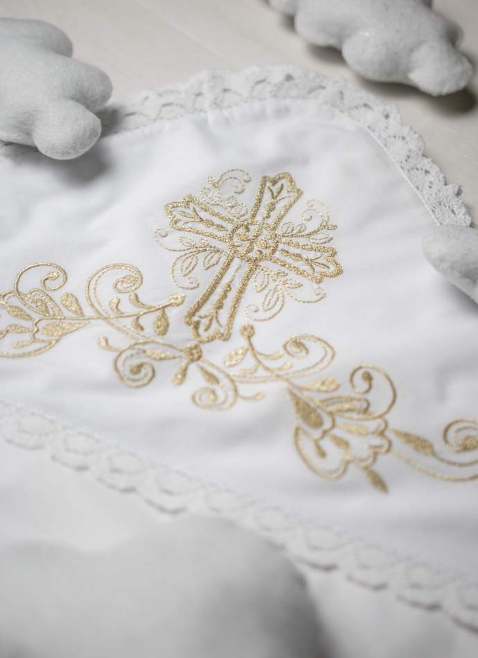 Крижма "Хрест гладь" золото, з плюшем, бавовняне мереживо, арт.7051