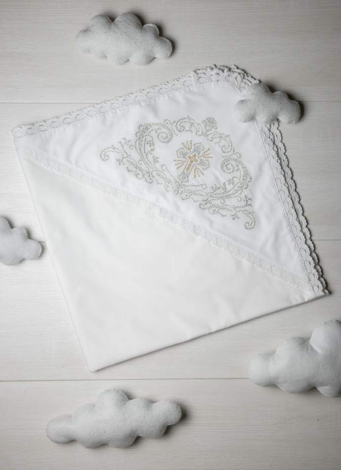 Крижма "Хрест хрестиком" срібло, з плюшем, бавовняне мереживо, арт.7059