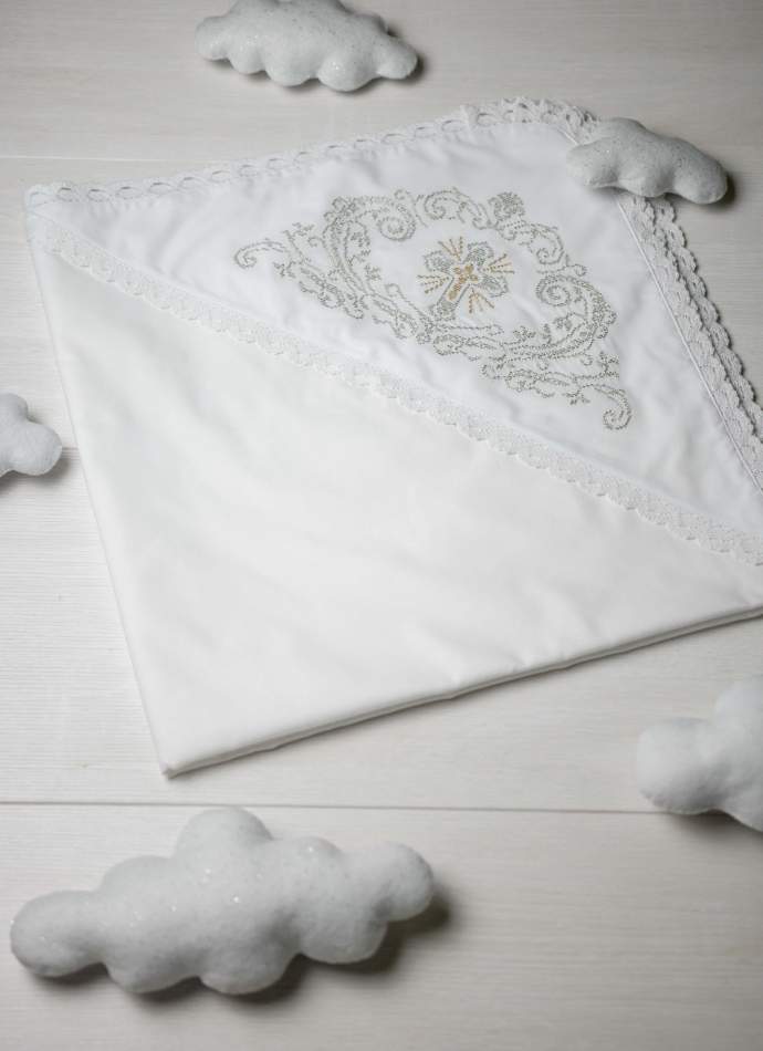 Крижма "Хрест хрестиком" срібло, з плюшем, бавовняне мереживо, арт.7059