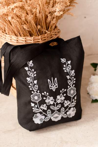 Лляний шопер «Тризуб Етно» чорного кольору,арт 7111