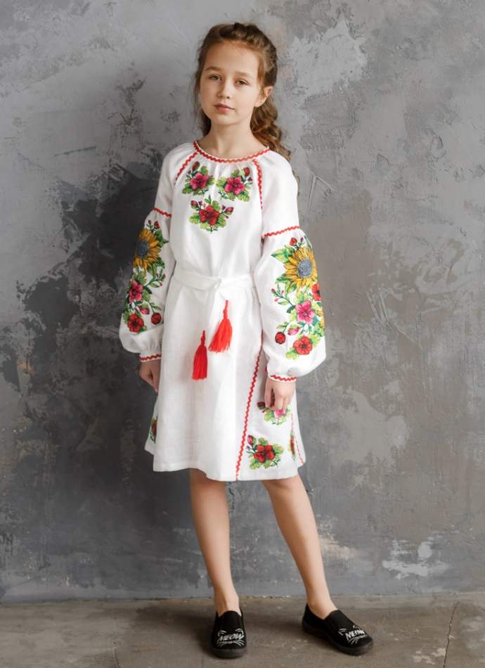 Белое детское платье-вышиванка "подсолнухи", арт. 4345-лён