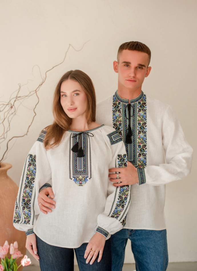 Білі парні льонові вишиванки Борщівська Гармонія, арт 4686+4280