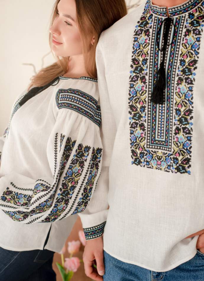 Білі парні льонові вишиванки Борщівська Гармонія, арт 4686+4280