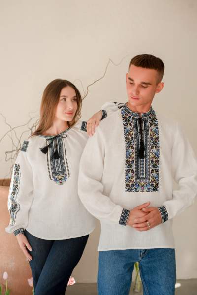 Білі парні льонові вишиванки Борщівська Гармонія, арт 4686+4280