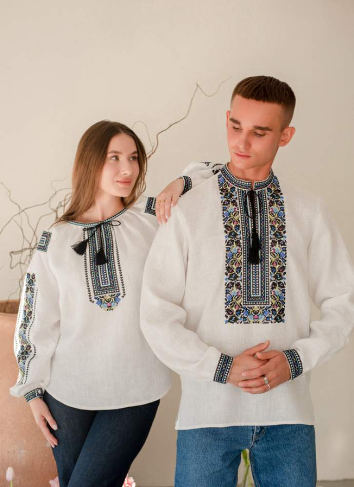 Білі парні льонові вишиванки Борщівська Гармонія, арт 4686+4280