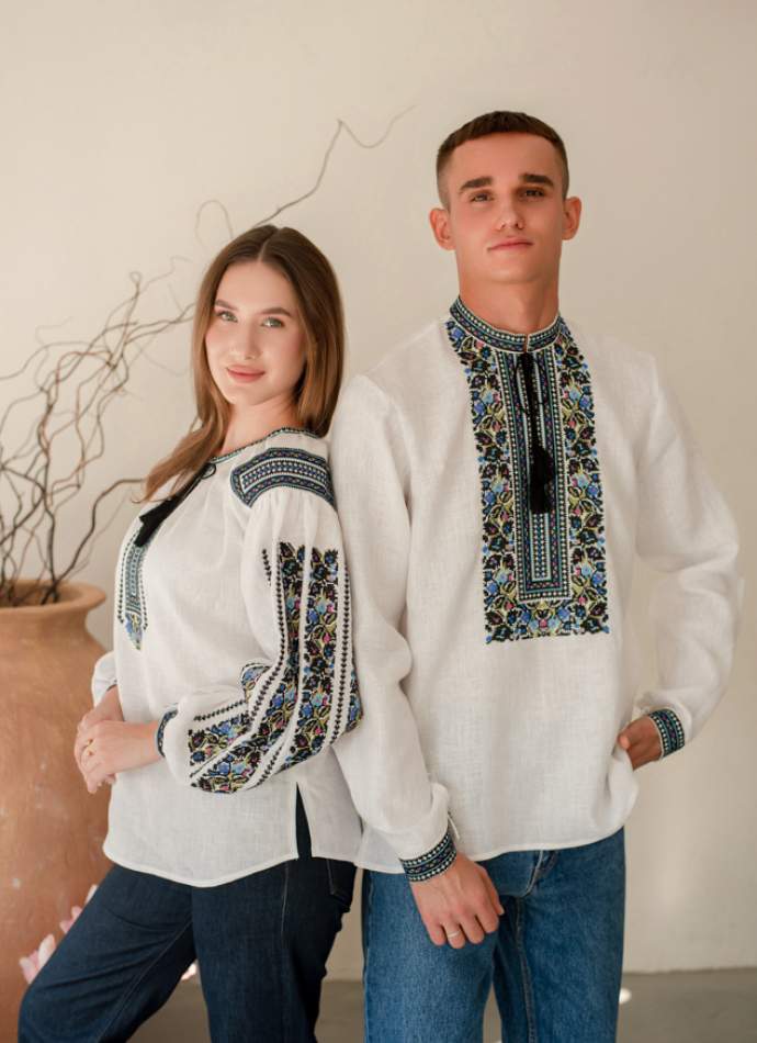 Білі парні льонові вишиванки Борщівська Гармонія, арт 4686+4280