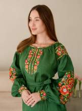Лляне плаття з вишивкою (зелене), арт. 4505-коротке
