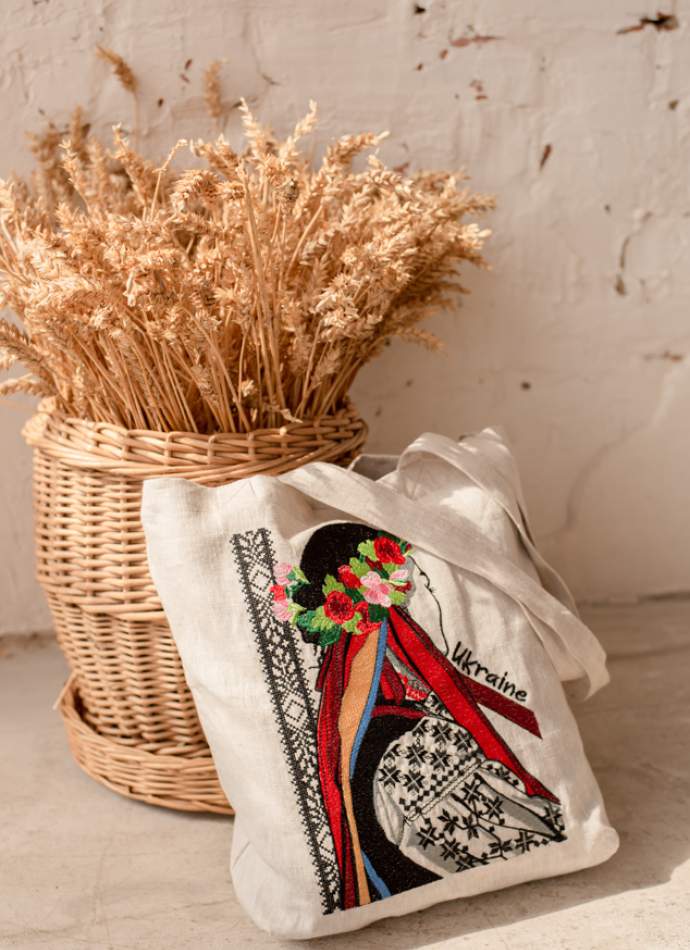 Лляний шопер «Українка у віночку» – натуральний невибілений льон, велика вишивка,арт 7109