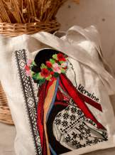 Лляний шопер «Українка у віночку» – натуральний невибілений льон, велика вишивка,арт 7109