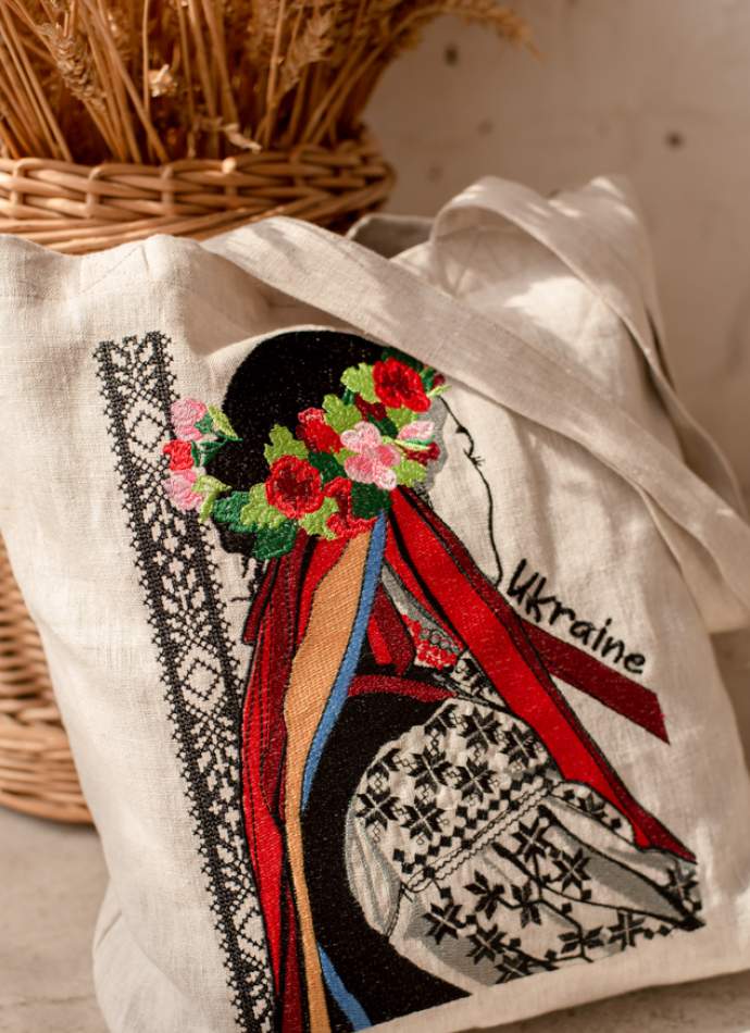 Лляний шопер «Українка у віночку» – натуральний невибілений льон, велика вишивка,арт 7109