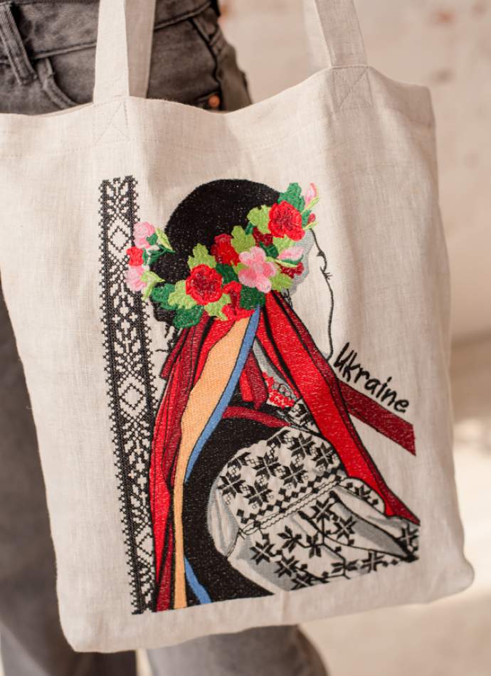 Лляний шопер «Українка у віночку» – натуральний невибілений льон, велика вишивка,арт 7109