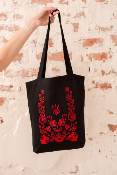 Лляний шопер «Тризуб Етно» червона вишивка,арт 7112