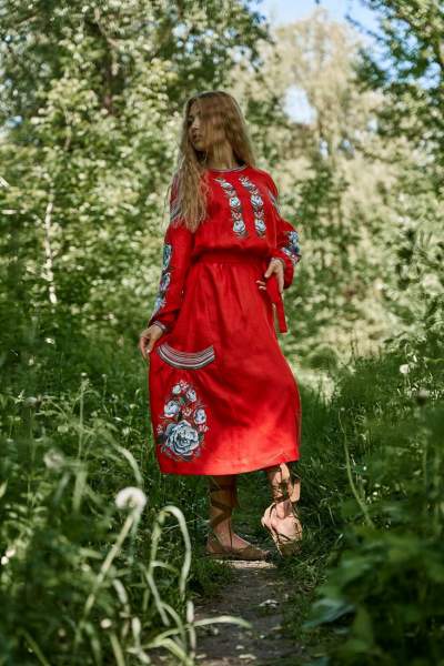 Плаття вишиванка за коліно(червоне), арт. 4531 міді
