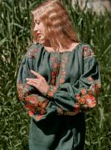 Лляне плаття з вишивкою (зелене), арт. 4505-коротке