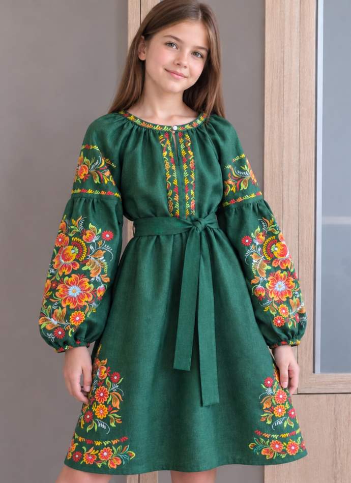 Лляне зелене дитяче плаття петриківська вишиванка, арт. 4378